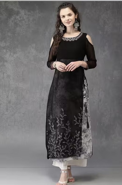 Cold shoulder Printed party wear Black kurti