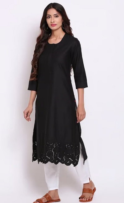 Cut Work Solid Black long black kurta