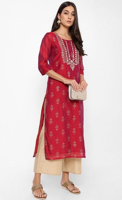 Embroidered Red Simple Kurta For Women