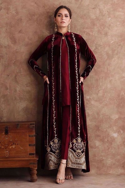 Full Length Front Slit Velvet Maroon Kurti