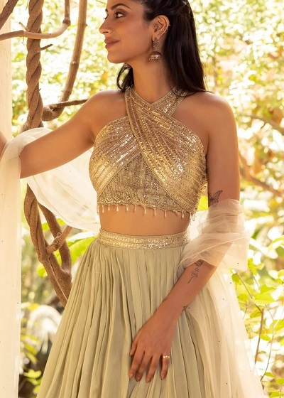 Golden Wrap Around Halter Stud Blouse