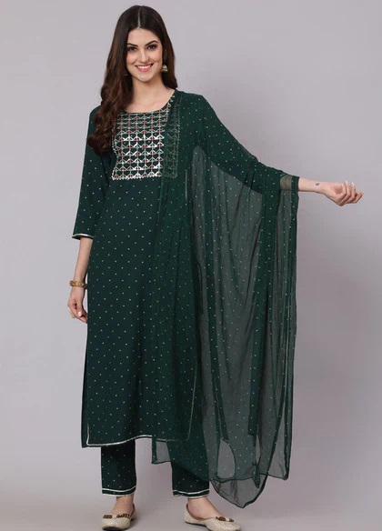 Green Embroidered Party Kurti Palazzo Set