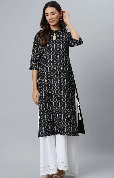 Printed Keyhole neck Black kurti