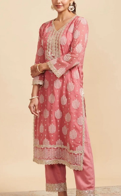 V Neck Peach Party Wear Kurta