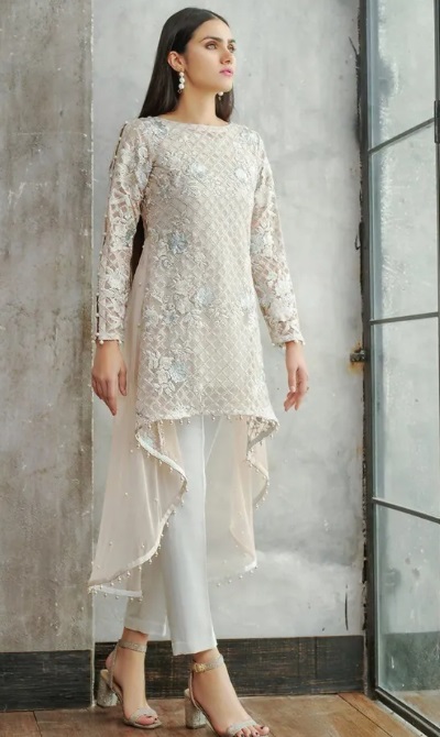 White Net High Low Pattern Party Perfect Kurti