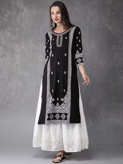 White Printed Black kurti