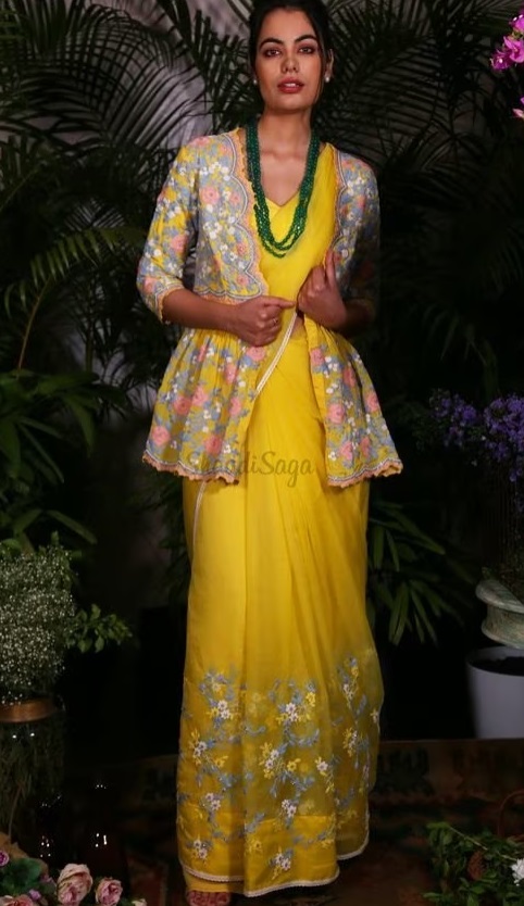 Beautiful Yellow Embroidered Saree With Embroidery Jacket