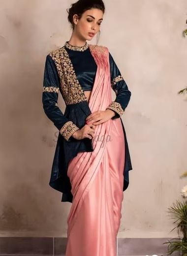 Embroidered Peplum Jacket With Satin Saree