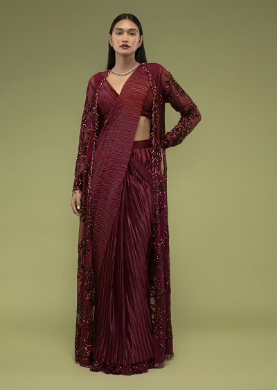 Net Embroidered Long Jacket Satin Wine Saree