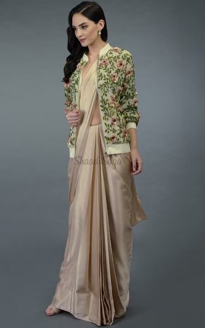 Satin Saree With Printed Bomber Jacket