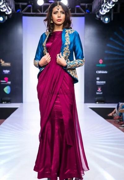 Short Satin Embroidered Jacket With Saree