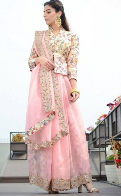 Stylish Pink Printed Saree With Printed Long Blouse