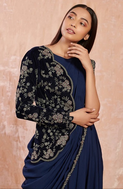 Velvet Blue Frock Style Jacket Saree