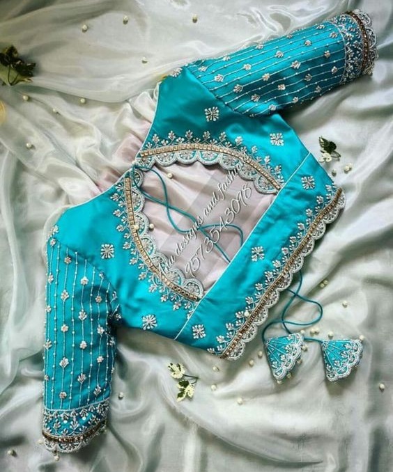 Blue Beaded Work Back Blouse Design