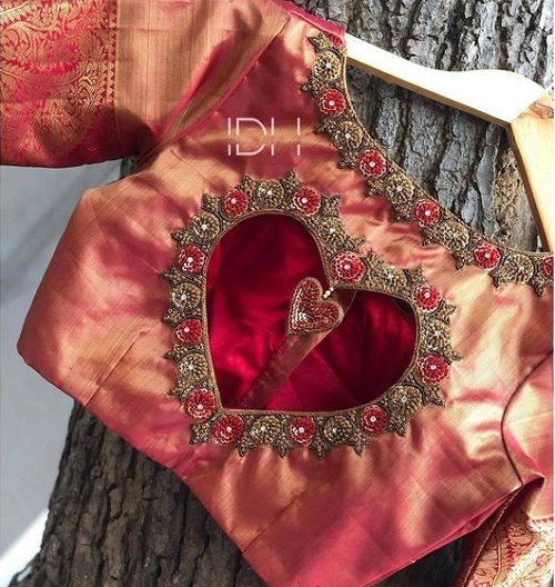 Coral Heart Shape Silk Back Blouse Design