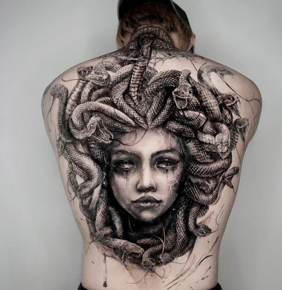Full back Descriptive Medusa tattoo