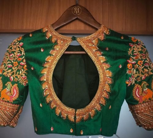 Green Silk Zari Work Drop Cut Blouse Back