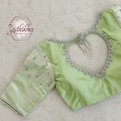 Mint Green Heart Shape Back Blouse Design