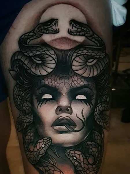 Thigh Medusa pattern Fierce tattoo