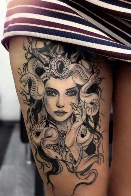Thigh Medusa tattoo