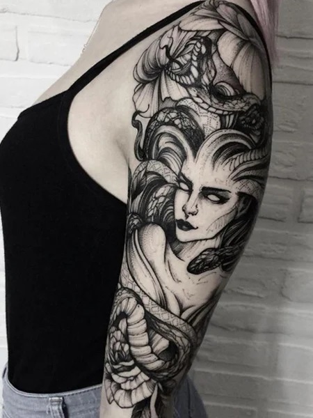 Upper Arm To elbow medusa tattoo