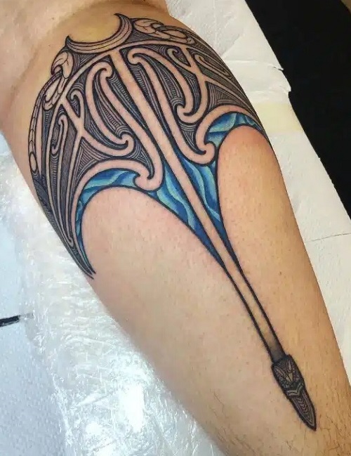 Back Calf Sting Ray Colored Maori Tattoo