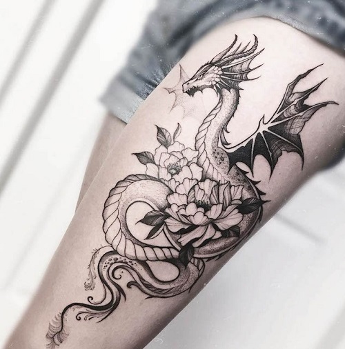 Floral Dragon Tattoo on Forearm