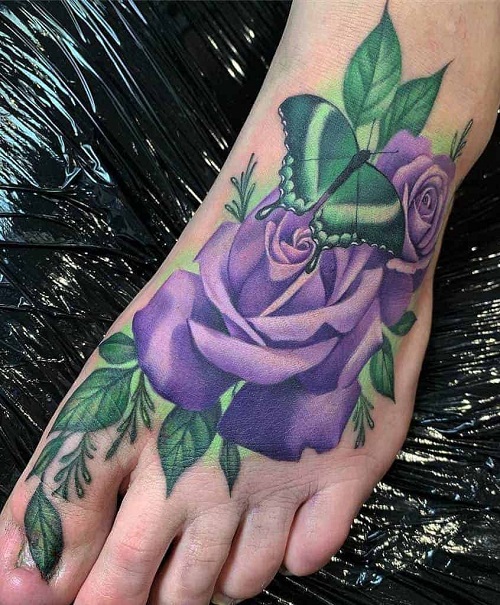 Foot Rose And Butterfly Tattoo