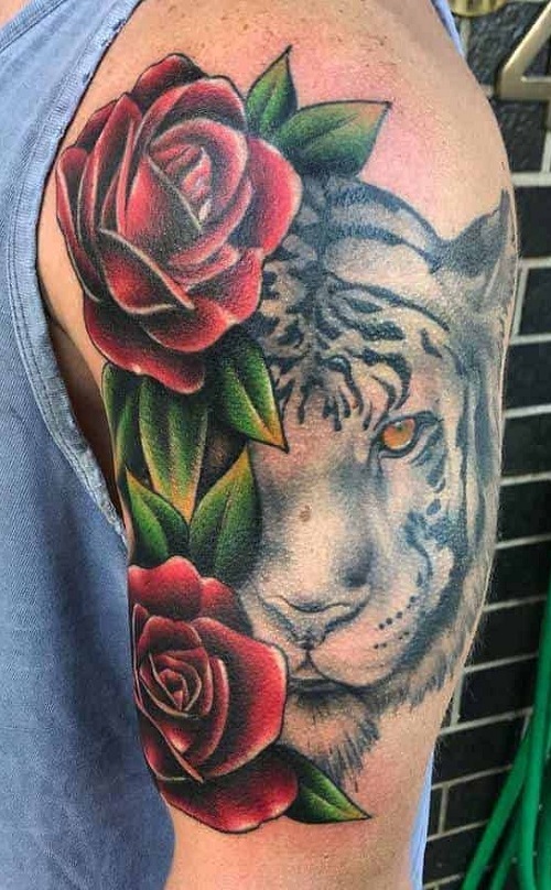 Men’s Tiger With Rose Tattoo