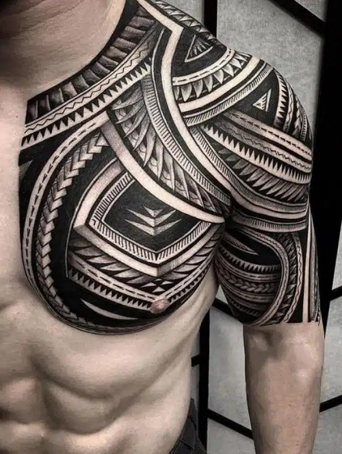 Shoulder And Chest Maori Tattoo For Men