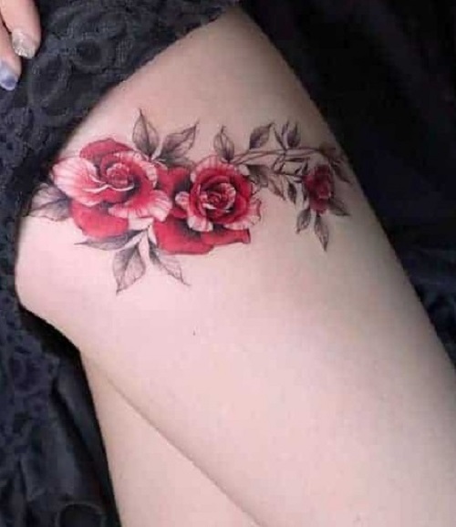 Thigh Huge Colored Rose Tattoo