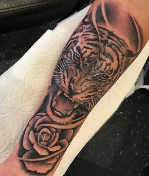 Tiger And Rose Shape Tattoo