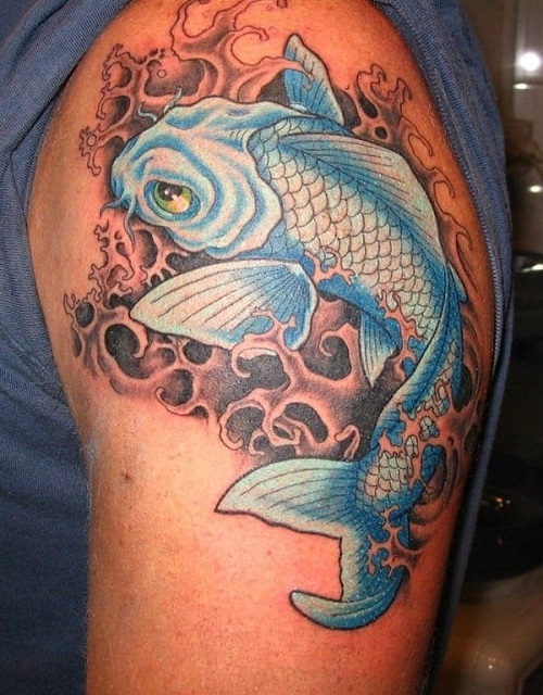 Upper Arm Bold Blue Fish Tattoo