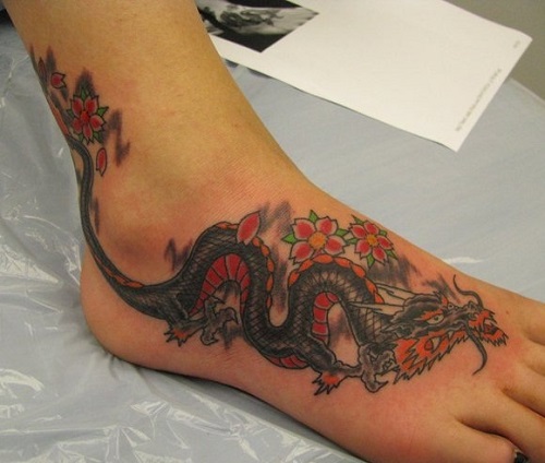 Water Colored Foot Dragon Tattoo