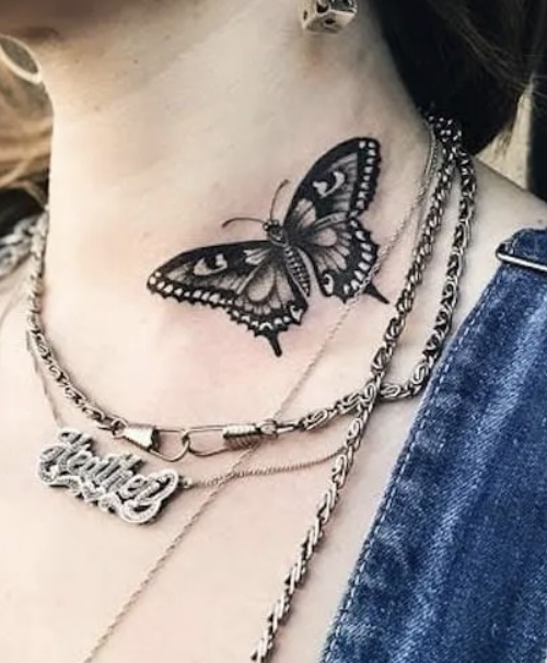 Bold Butterfly Neck Tattoo Design