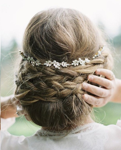 Braided Low Bun With Rhinestone Chain