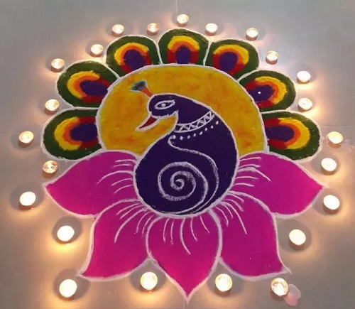 Free Hand Peacock Rangoli For Diwali