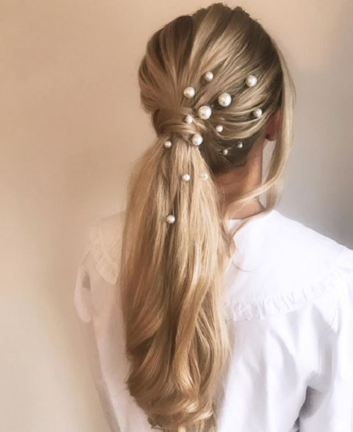 Low Bridal Ponytail Hairstyle With Pearls