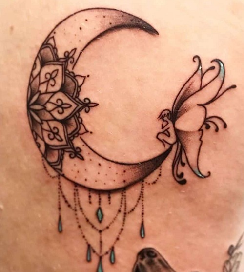 Moon And Fairy Pixie Style Tattoo