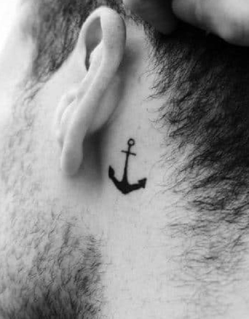 Small Anchor Behind The Ear Tattoo