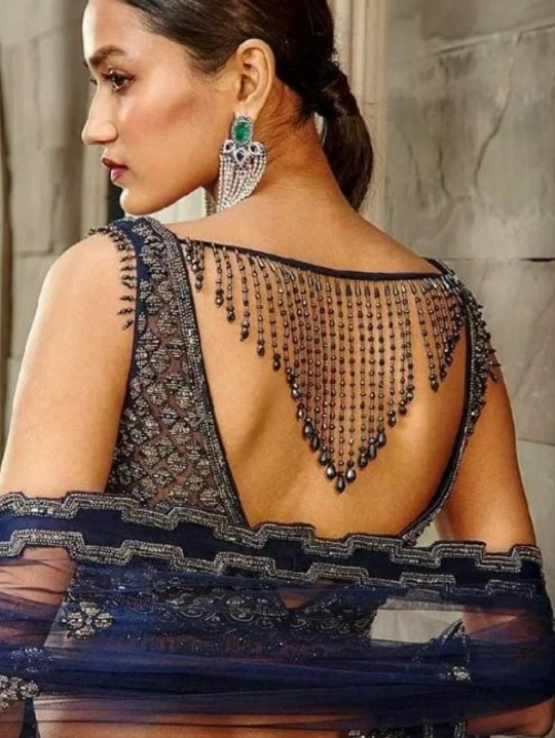 Beaded Fringe Back Blouse Design